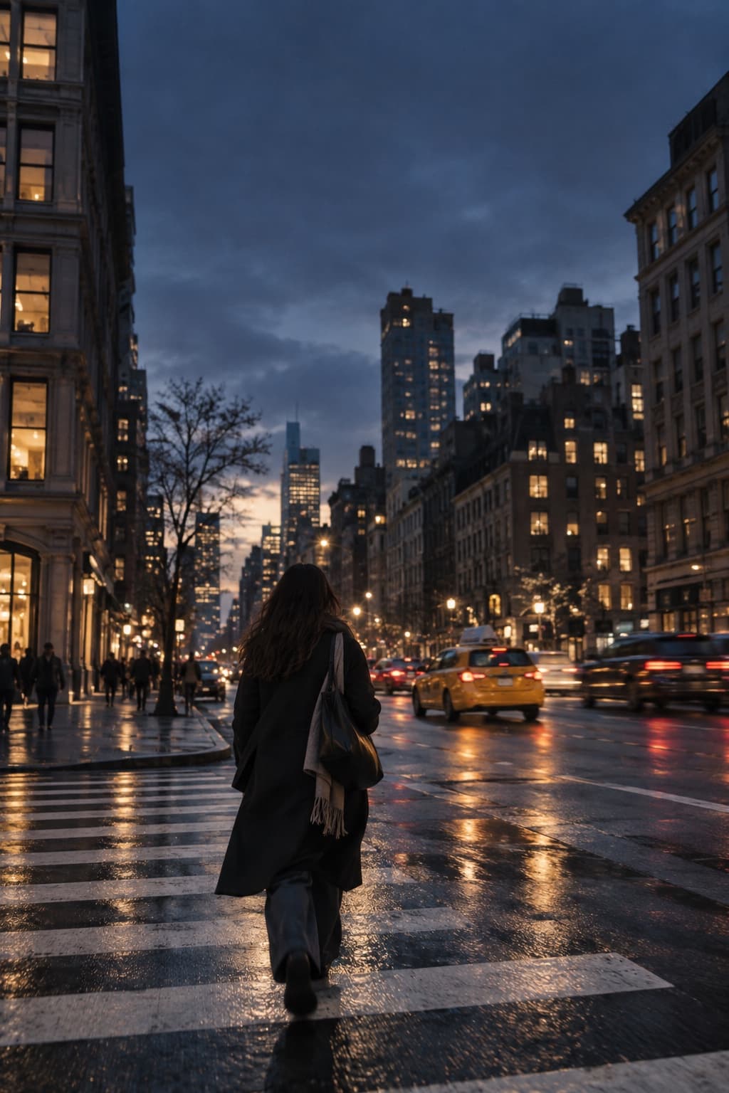 A figure crossing a wet New York street at dusk, taxi lights smearing across the pavement