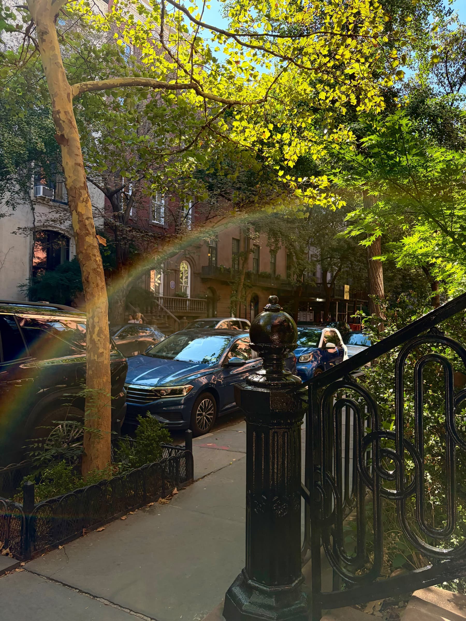 A West Village stoop with wrought-iron railing, parked cars and late-summer leaves